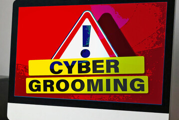 Warnschild, Cybergrooming auf dem PC-Bildschirm