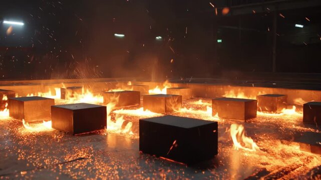 Medium shot of a hightech forge heating metal in a spaceanvil manufacturing hub highlighting intense flames and glowing steel components.