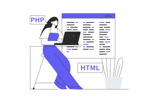 Programming web. Woman working with php and html languages and making program. Flat Cartoon Vector Illustration, icon Stylish abstract design landing page web