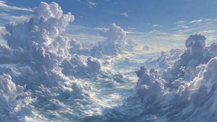 Above the Clouds: The sky, a breathtaking panorama of fluffy, radiant clouds bathed in sunlight. The soft, billowy formations create a mesmerizing spectacle against the vast expanse of blue.