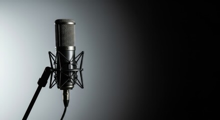 Professional studio condenser microphone standing upright on a clean white backdrop, ready for recording voiceovers or music performance, sound, studio, engineering