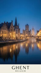 Fototapeta premium Ghent Belgium Medieval Canal Cityscape Historic Architecture Night 