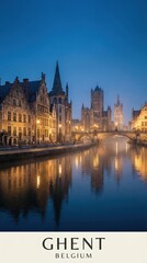 Fototapeta premium Ghent Belgium Medieval Canal Cityscape Historic Architecture Night 