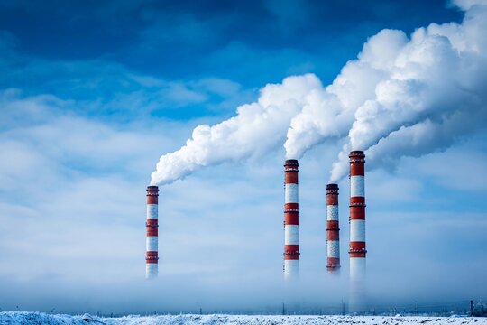 Smoke rises from tall chimneys in a winter landscape