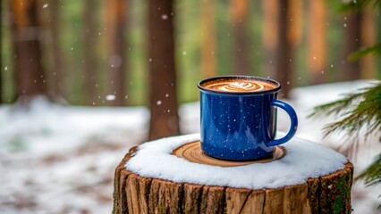 Warm drink sits on wooden stump in snowy forest during winter season
