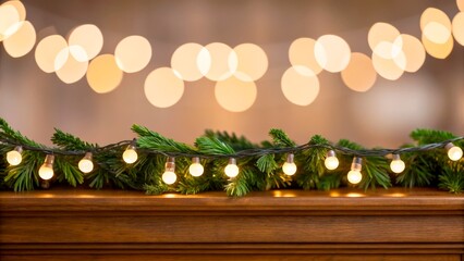 Bright string lights and green foliage decorate a wooden surface for a festive occasion in winter