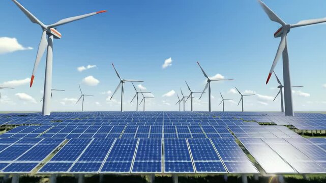 Expansive crane video revealing a sprawling field of deep blue solar panels glinting in midday sun, with white wind turbines against a clear blue sky. High-tech sustainable energy concept