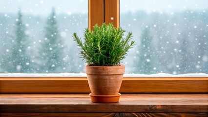 Fresh herb in a pot on a wooden windowsill during winter snow
