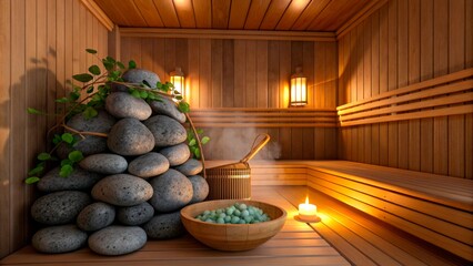 Relaxation area with stones, herbs, and warm light in sauna during evening time