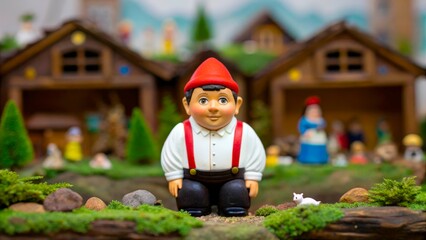 Gnome figure stands in garden with miniature houses and trees in the background during the daytime