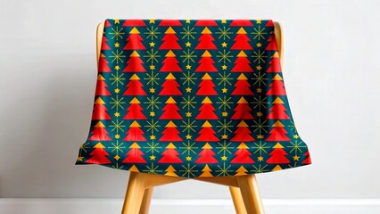 Holiday table decoration with red trees and green background on a wooden chair