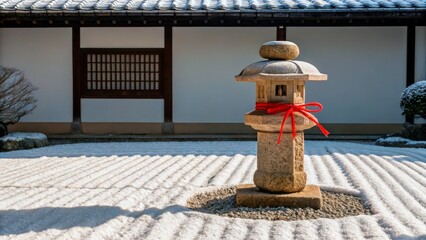 Stone lantern with red ribbon in snowy Japanese garden during winter season