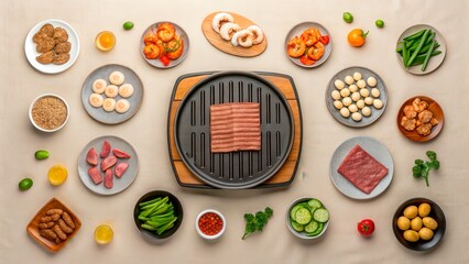 Grilling food items with various ingredients arranged on a table for a cooking experience