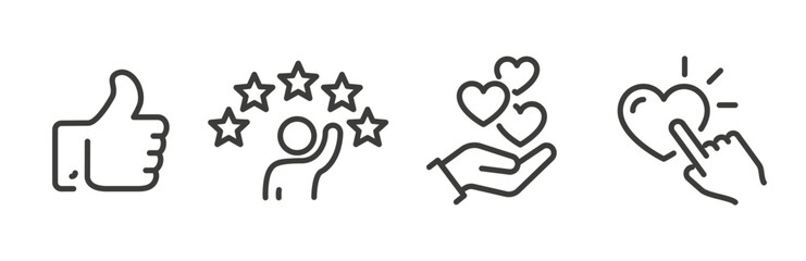 Set of social media interaction icons, like, feeling, customer satisfaction, favorite, positive feedback. Isolated on white.