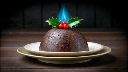Christmas pudding with holly and flame on a wooden table for a festive occasion