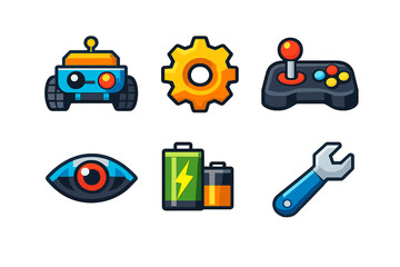 Set of six video game icons on a dark gradient background