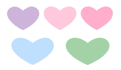 collection of soft pastel heart shapes with wavy edges in pink purple blue and green for cute romantic vector design projects stickers