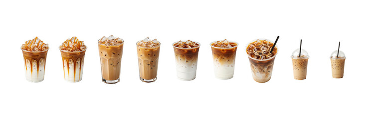 Variety of iced coffee drinks with caramel and creamy textures