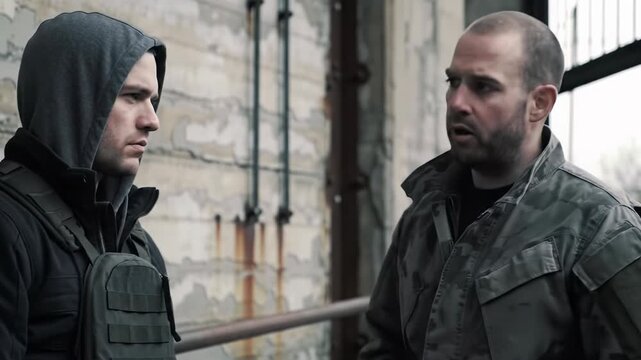 Two men, one in a tactical jacket, the other bald in cammo, intensely discuss in a grim urban underpass against concrete and rebar. High stakes urban concept