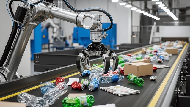 automated robotic arm sorting plastic bottles and paper on conveyor for industrial blogs, ecological websites, waste management education and green technology presentations