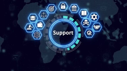 Digital Support interface with data analytics charts graphs and icons for business technology and finance concepts. 4k motion video. isolated on black background. - Powered by Adobe