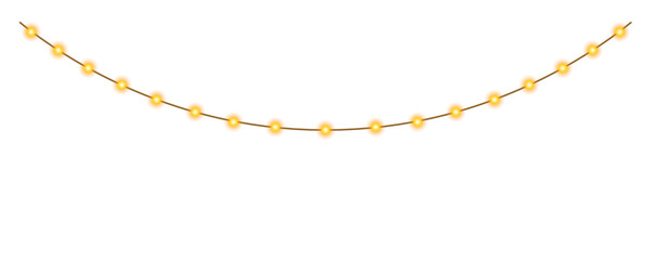 Curved line of festive garland with bright yellow lights, highlighted against a transparent background. Sparkling festive decor. Perfect for New Year's, Christmas, or other holiday designs. PNG. Vecto