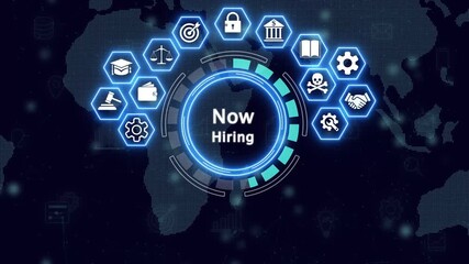 Now hiring Business finance concept on screen. glowing blue circular holographic display, sci-fi business concept, 3d , Futuristic technology interface, digital data visualization,4k video - Powered by Adobe
