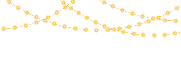 Festive garland string lights shining with bright yellow bulbs, isolated on a clean background. Glowing holiday decoration. Perfect for New Year, Christmas or birthday celebration designs. PNG. Vector