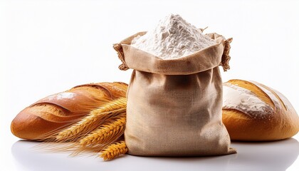 a bag of flour and bread wheat isolated