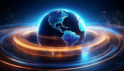 digital representation of earth surrounded by a glowing orbital ring illustrating concepts of technology globalization and connectivity in a modern world