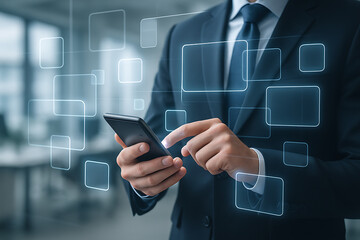 Professional businessman using smartphone with futuristic digital interface for communication and connectivity