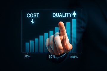 Professional hand pointing at virtual business graph comparing cost reduction and quality growth indicating corporate strategy performance analytics and business technology