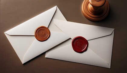two blank white envelopes wax seal wooden stamp