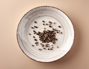 a white round plate with some peppercorns