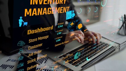 Fototapeta premium Inventory management dashboard showing supply chain performance, stock levels, order cycle times, cost reduction, and procurement ROI. Inventory tracking, and streamline warehouse efficiency. Thunk