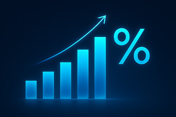 Statistics and profitability represented by financial bar chart with glowing upward arrow representing economic success data growth