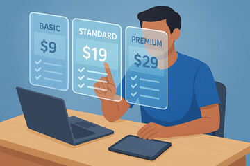 Subscription pricing model with customer choosing between basic standard and premium options on screen