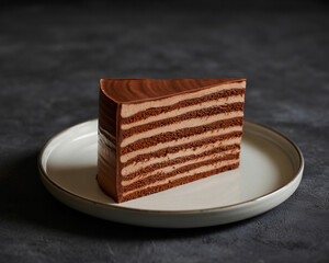 Slice of multi layered chocolate cake with smooth frosting on white plate cake slice dessert