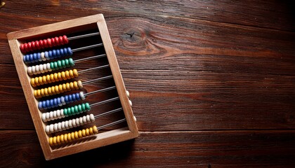 wooden abacus with colorful beads on rustic table