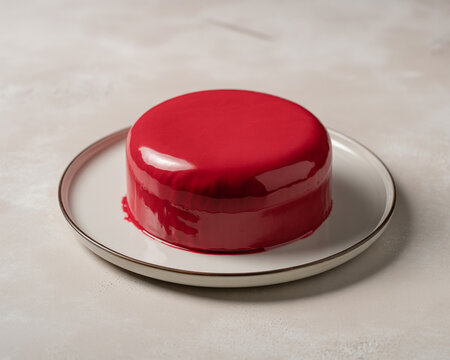 Single round red glazed entremet cake on a white plate with grey rim dessert raspberry