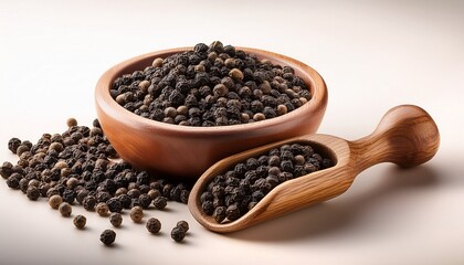 a wooden bowl full of black peppercorns and a wooden spoon full of black peppercorns