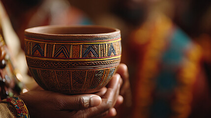 African artisan holding intricately designed clay bowl with vibrant patterns, showcasing craftsmanship and cultural heritage in a warm, inviting atmosphere