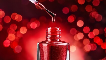glossy red nail polish dripping from a brush on a glass bottle with a blurred red background creating an elegant and stylish beauty composition