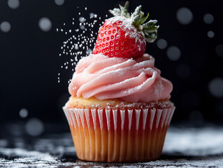 Sweet treat with a strawberry on top and sugar being poured all over with a dark backdrop.