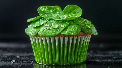 Whimsical cupcake with a vibrant green leafy topping covered in refreshing water droplets against a dark, sleek surface.