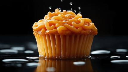 Decadent orange cupcake with drizzle and water droplets on a glossy black surface under a spotlight. Sweet treat temptation.