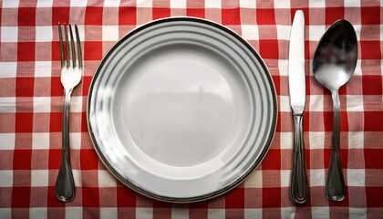empty plate with cutlery on checkered tablecloth