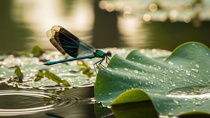 Vibrant blue-green damselfly perched delicately on a dew-covered green lotus leaf, with glistening water droplets and a serene, blurred natural background featuring soft bokeh lights.