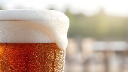 Close-up of a refreshing cold beer with a thick white foam and glistening condensation on the glass, set against a blurred outdoor background, perfect for summer drinks and relaxation.