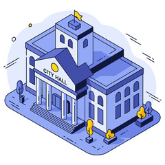 Naklejka premium Illustrated city hall building with flag and trees in minimalist style. No editable stroke